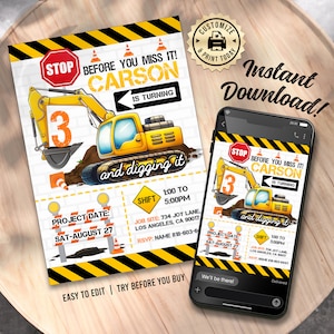 Construction Birthday Invitation | Editable Excavator Road Work Trucks Kids Party Invite | Digital Printable Custom Template 5x7