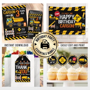 Construction Birthday Party Bundle | Editable Dump Truck Invitation Thank You Tag Banner Custom Digital Template | Printable Cupcake Toppers