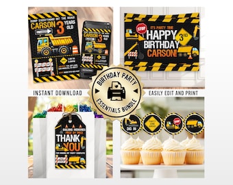 Construction Birthday Party Bundle | Editable Dump Truck Invitation Thank You Tag Banner Custom Digital Template | Printable Cupcake Toppers