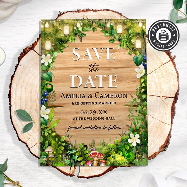 EDITABLE Mossy Forest Enchanted Fairytale Magic Tree Wedding Marriage Save The Date Announcement Digital Printable Custom Template - 5x7