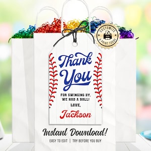 Baseball Dankeschön Anhänger | Bearbeitbares Sportspiel Home Run Kindergeburtstag-Party Favor Tag | Benutzerdefinierte digitale druckbare Vorlage 2x3.5
