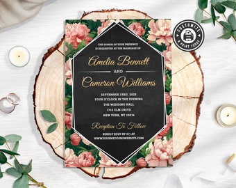 May include: Black and white wedding invitation with gold text. The invitation features a floral design with pink peonies and green leaves. The text reads "The honor of your presence is requested at the marriage of Amelia Bennett and Cameron Williams. September 23rd, 2023, Four o'clock in the evening, The Wedding Hall, 1713 Elm Drive, New York, NY 10014. Reception to follow. Kindly RSVP by 9/1 at www.yourweddingwebsite.com."