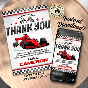 Race Car Thank You Card | Go Kart Speedway Editable Kids Birthday Party Favor Card | Digital Printable Custom Template 5x7