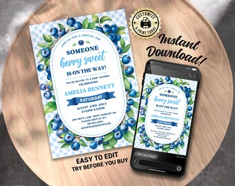 Blueberry Baby Shower Invitation | Editable "Berry Sweet" Theme Invite (Digital Printable Template 5x7)