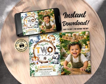 Safari 2nd Birthday Photo Invitation | Editable "Two Wild" Party Theme (Digital Printable Template 5x7)