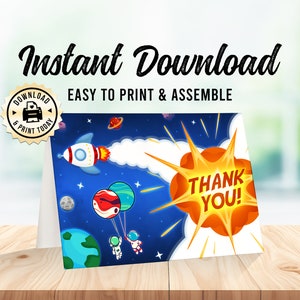 Astronaut Thank You Card | Folded Blank Outer Space Plants Birthday Party Kids Favor Card | Custom Digital Printable 3.5x5