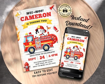 Firefighter Birthday Invitation | Editable Fire Truck Kid's Party Invite | Custom Digital Printable Template 5x7