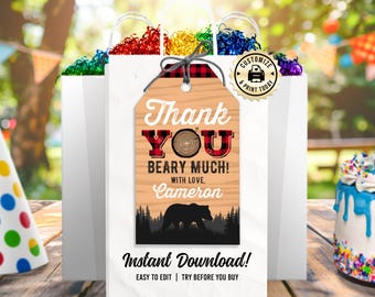 Lumberjack Thank You Tag | Editable Flannel Up Kids Birthday Party Favor Tag | Custom Digital Printable Template 2x3.5"