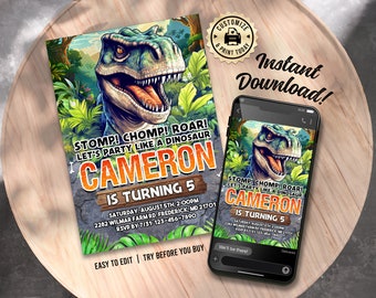 EDITABLE T-Rex Dinosaur Stomp Chomp Roar Jurassic Prehistoric Theme Birthday Party Invitation Custom Digital Printable Template - 5x7