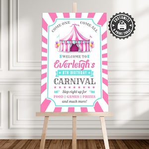 Birthday Carnival Welcome Sign | Editable Circus Fair Girls Party Wall Decoration Greeting Board | Custom Digital Printable Template 24x36