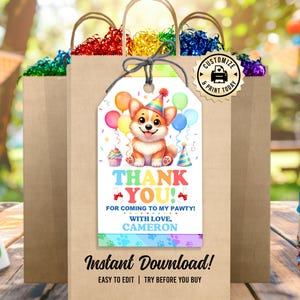 Corgis Dankeschön-Anhänger | Bearbeitbarer Welpe Hund Pawty Kinder Jungen Mädchen Geburtstag Favor Tag | Benutzerdefinierte digitale druckbare Vorlage 2x3.5
