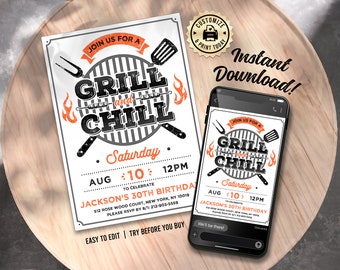 BBQ Birthday Invitation | Editable Grill And Chill Backyard Cookout Party Invite | Digital Printable Custom Template 5x7