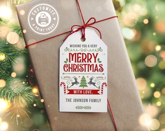 Merry Christmas Gift Tag | Minimal Present Decor Holiday Party Editable Favor Tag | Custom Digital Printable Template 2x3.5"