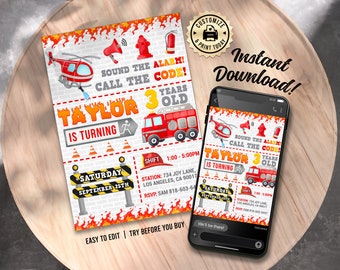 EDITABLE Fire Fighter Station Rescue Truck Flames Theme Kids Birthday Party Invitation Custom Digital Printable Template - 5x7