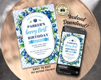 Berry First Birthday Invitation | Editable Blueberry Garden Baby Girl Boy 1st Birthday Party Invite | Custom Digital Printable Template 5x7