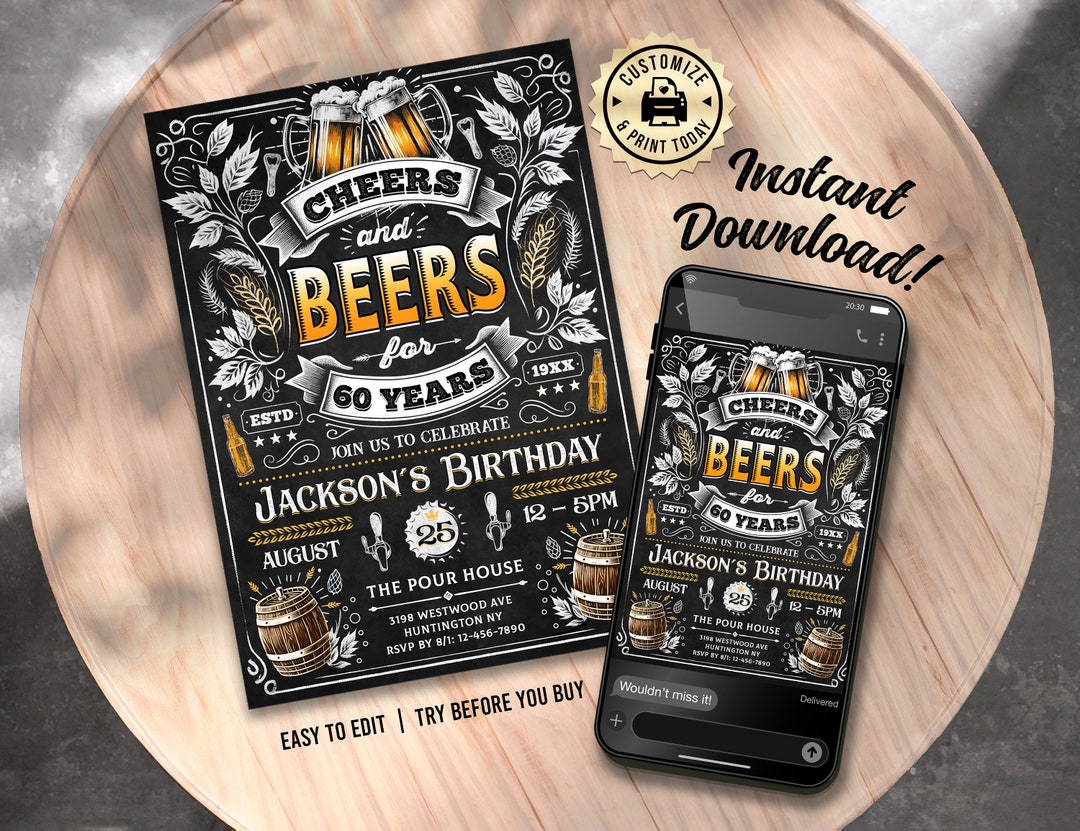 EDITABLE Cheers and Beers to 60 Years Vintage Brewery Garden Retro 60th ...