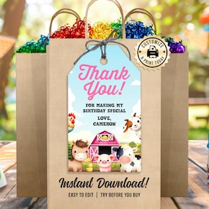 Médaille de remerciement pour animaux de la ferme | Étiquette de cadeau d'anniversaire pour filles rose modifiable Grange Bash | Modèle numérique imprimable personnalisé 2 x 3,5 pouces