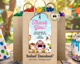 Farm Animals Thank You Tag | Editable Pink Barn Bash Kids Birthday Girls Party Favor Tag | Custom Digital Printable Template 2x3.5"
