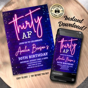 Invitación de cumpleaños número 30 / Invitación de fiesta para adultos con hitos de neón retro divertidos y editables de 30 AF / Plantilla personalizada para imprimir digitalmente de 5 x 7