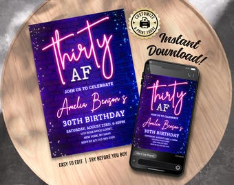 30th Birthday Invitation | Editable Thirty AF Funny Retro Neon Milestone Adult Party Invite | Custom Digital Printable Template 5x7