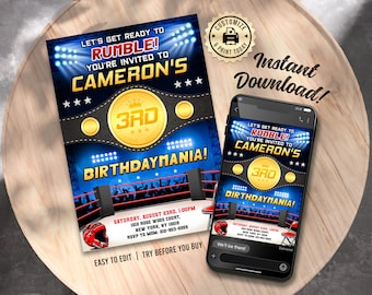 Puede incluir: Una invitación de cumpleaños imprimible para una fiesta de cumpleaños número 3 con temática de lucha libre. La invitación presenta un ring de boxeo, un cinturón de campeonato y el texto "Let's get ready to rumble! You're invited to Cameron's 3rd Birthdaymania!"