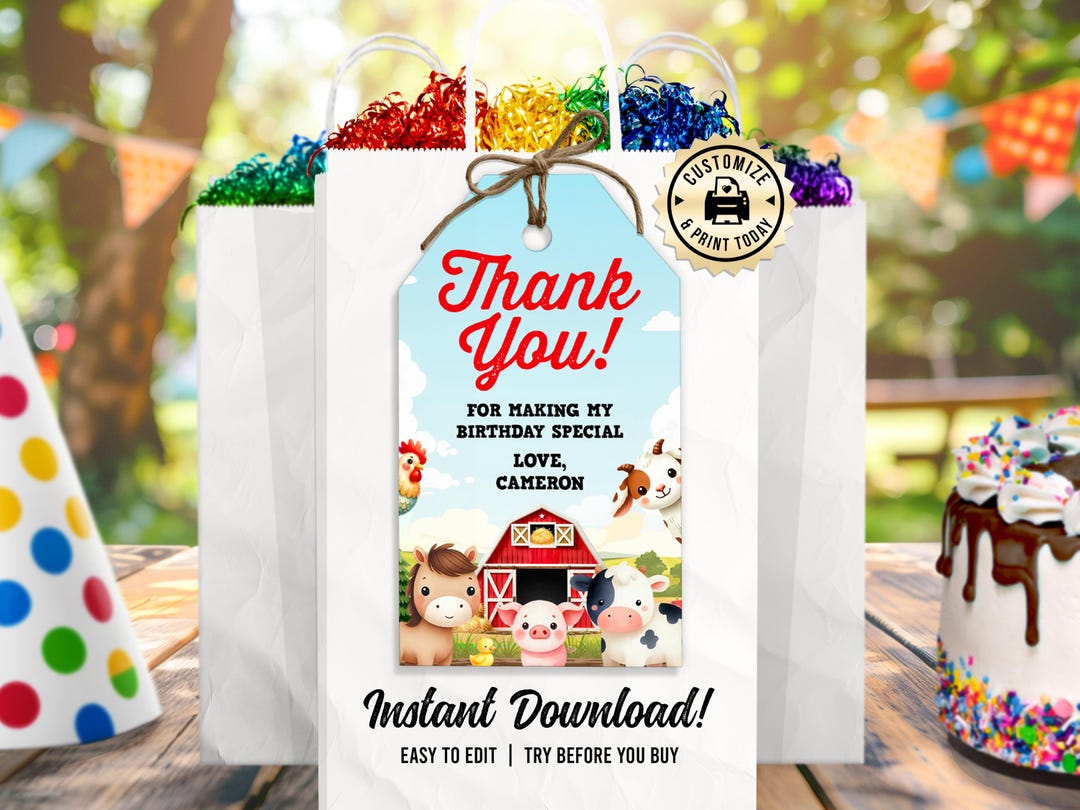 Farm Animals Thank You Tag | Editable Barnyard Bash Kids Birthday Party ...