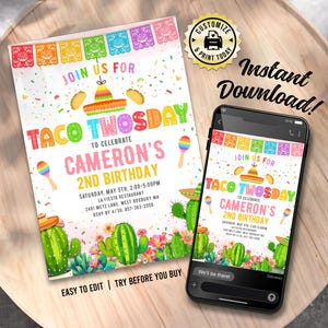 Fiesta 2nd Birthday Invitation | Editable Taco Twosday Mexican Theme Kids Party Invite | Custom Digital Printable Template 5x7
