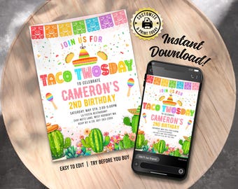 Fiesta 2nd Birthday Invitation | Editable Taco Twosday Mexican Theme Kids Party Invite | Custom Digital Printable Template 5x7