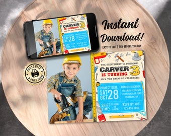 Builder Tools Construction Birthday Photo Invitation | Carpentry Workshop Kids Editable Party Invite | Custom Digital Printable Template 7x5