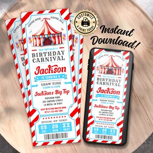 Karneval Ticket-Geburtstagseinladung | Bearbeitbar Zirkus Fair Big Top Kinder Party Einladen | Benutzerdefinierte digitale druckbare Vorlage 6,5 x 18,5 cm