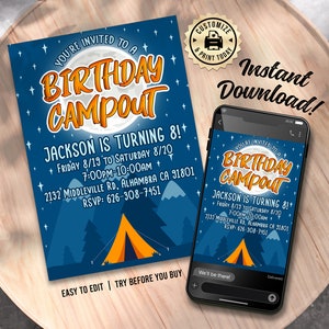 EDITABLE Backyard Camping Campout Birthday Party Custom Invitation Digital Printable Template - 5x7