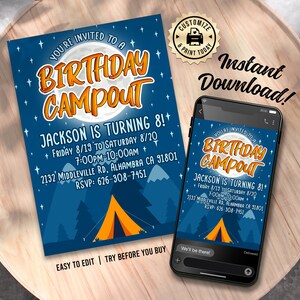 Könnte beinhalten: Eine blaue und orangefarbene Geburtstagseinladung mit einem Mond, Sternen und einem Zelt. Der Text lautet "You're invited to a Birthday Campout. Jackson is turning 8! Friday 8/19 to Saturday 8/20 7:00PM-10:00AM 2132 Middleville Rd, Alhambra CA 91801 RSVP: 626-308-7451".