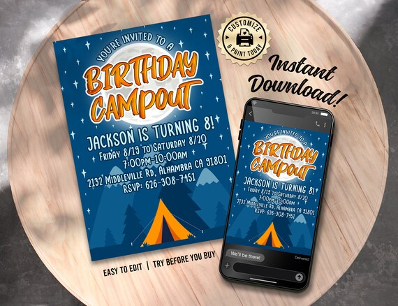 EDITABLE Backyard Camping Campout Birthday Party Custom Invitation Digital Printable Template - 5x7