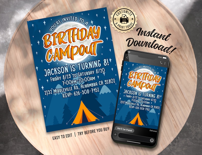 May include: A blue and orange birthday party invitation with a moon, stars, and a tent. The text reads "You're invited to a Birthday Campout. Jackson is turning 8! Friday 8/19 to Saturday 8/20 7:00PM-10:00AM 2132 Middleville Rd, Alhambra CA 91801 RSVP: 626-308-7451".