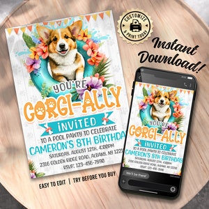 Corgi Pool Party-verjaardagsuitnodiging | Bewerkbare grappige hondenpeddel kinderfeestuitnodiging | Aangepaste digitale afdrukbare sjabloon 5 x 7