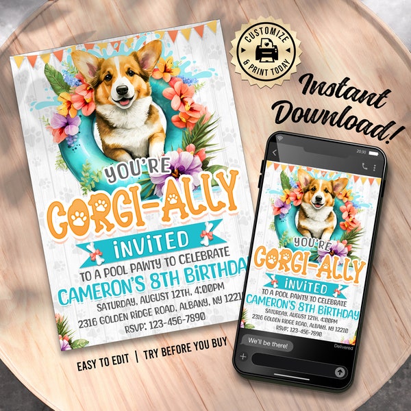 EDITABLE You're Corgi-ally Invited Pool Party Birthday Celebration Invitation Digital Printable Template - 5x7