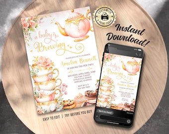 May include: A printable baby shower invitation featuring a teacup and teapot design. The invitation has a watercolour illustration of a teapot, teacups, and flowers. The text on the invitation reads "a baby is brewing" and "Amelia Bennett is having tea for two".