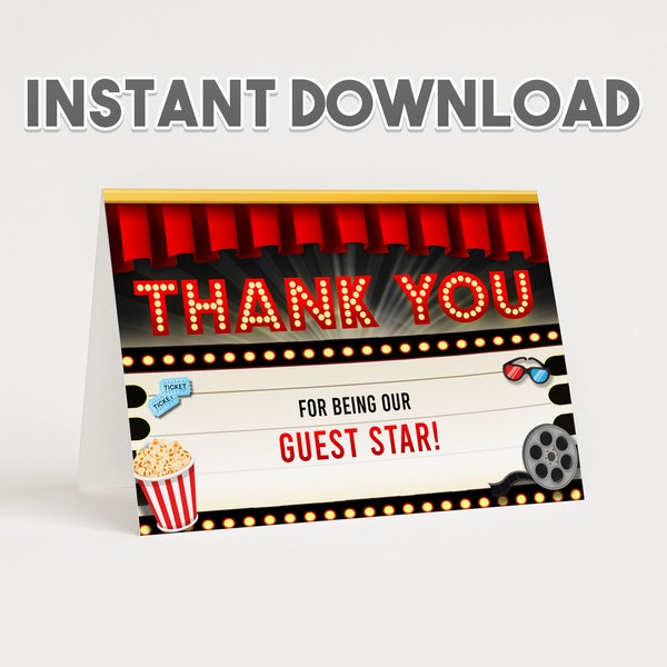 Instant Download Movie Night Watch Party Cinema Film Drive In Birthday Matching Folded Thank You Card Custom Digital Printable - 3.5x5"