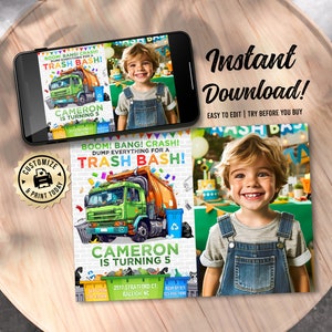 Garbage Birthday Photo Invitation | Editable Trash Bash  Kids Party Invite | Custom Digital Printable Template 7x5