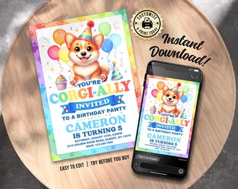 Corgis-Geburtstags-Einladung | Bearbeitbar Lustiger Welpe Hund Thema Kinder Party Einladen | Benutzerdefinierte digitale druckbare Vorlage 13x18
