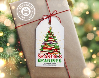 Season's Readings Christmas Gift Tag | Editable Book Worm Holiday Party Favor Tag | Custom Digital Printable Template 2x3.5"