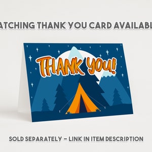 May include: A blue thank you card with a camping scene. The card features a tent, trees, and stars against a dark blue background. The text "THANK YOU!" is written in orange letters.