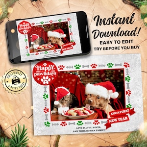 Carte photo de Noël heureux de Pawlidays | Voeux de fête modifiables pour animaux de compagnie à fourrure pour le Nouvel An | Modèle imprimable numérique personnalisé 7 x 5