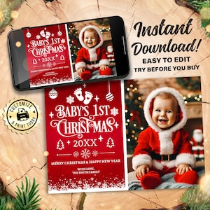 Cartão de foto do primeiro Natal do bebê | Cartão de felicitações editável de boas festas para o novo bebê | Modelo personalizado para impressão digital 7x5