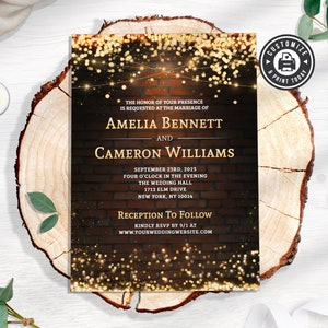 Faire-part de mariage en brique rustique | Invitation modifiable de nature guirlande lumineuse d'entrepôt industriel | Modèle personnalisé imprimable numérique - 5 x 7