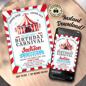 Birthday Carnival Invitation | Editable Circus Big Top Fun Fair Theme Kids Party Invite | Custom Digital Printable Template 5x7