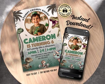 Dinosaur Birthday Photo Invitation | Editable Dino Jurassic Kids Boys or Girls Birthday Party Invite | Digital Printable Custom Template 5x7
