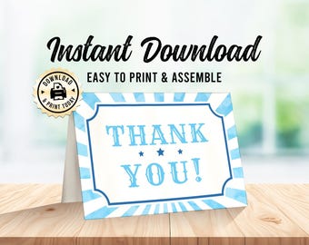 Carnival Thank You Card | Blue Circus Birthday Baby Shower Folded Blank Party Favor Card | Instant Download Custom Digital Printable 3.5x5