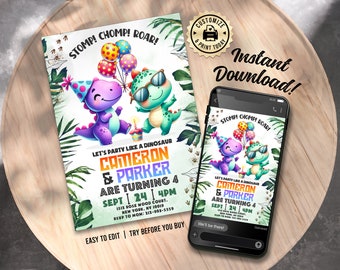 Dinosaur Birthday Invitation | Editable Kids Dino Dig Prehistoric Party for Twins or Siblings | Custom Digital Printable Template 5x7