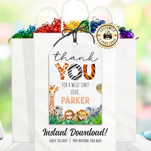 Safari Thank You Tag | Editable Jungle Animals Kids Birthday Party Favor Tag | Custom Digital Printable Template Instant Download 2x3.5&quot;
